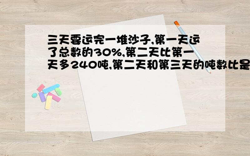 三天要运完一堆沙子,第一天运了总数的30%,第二天比第一天多240吨,第二天和第三天的吨数比是9:5,沙子一