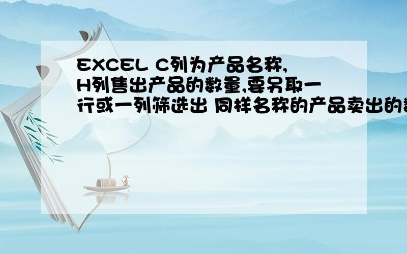 EXCEL C列为产品名称,H列售出产品的数量,要另取一行或一列筛选出 同样名称的产品卖出的数量汇总该怎么公式