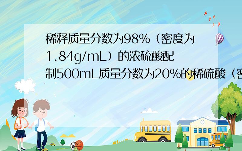 稀释质量分数为98%（密度为1.84g/mL）的浓硫酸配制500mL质量分数为20%的稀硫酸（密度为1.14g/mL求水