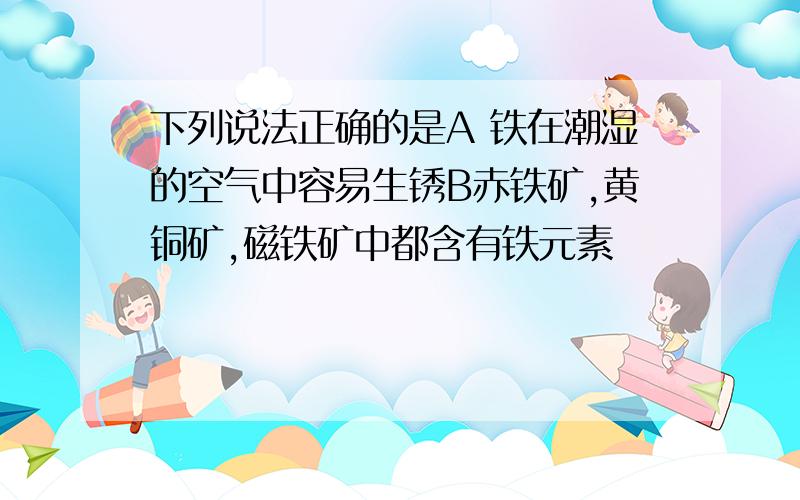 下列说法正确的是A 铁在潮湿的空气中容易生锈B赤铁矿,黄铜矿,磁铁矿中都含有铁元素