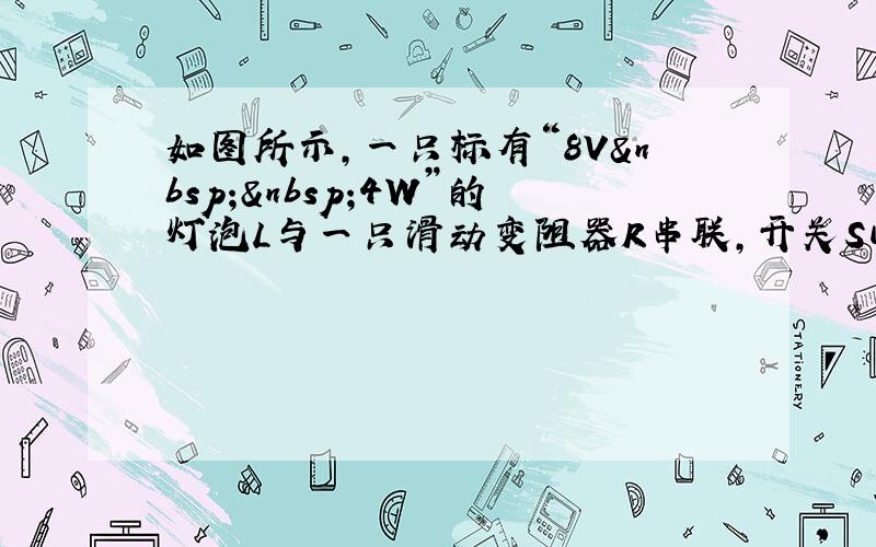 如图所示，一只标有“8V  4W”的灯泡L与一只滑动变阻器R串联，开关S闭合，滑动片P在b点时，电压