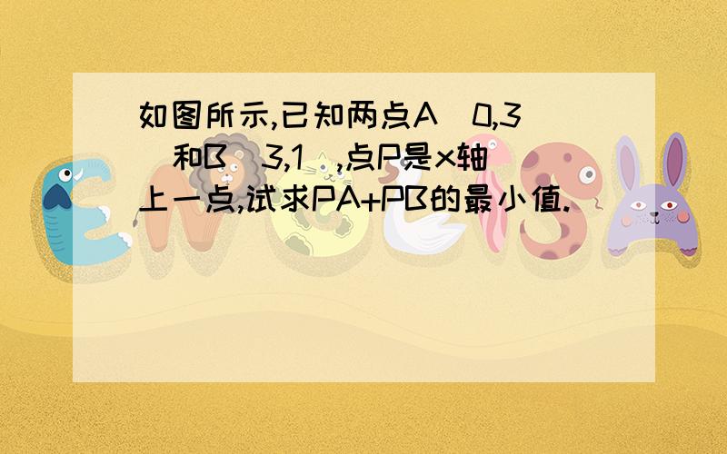 如图所示,已知两点A（0,3）和B（3,1）,点P是x轴上一点,试求PA+PB的最小值.