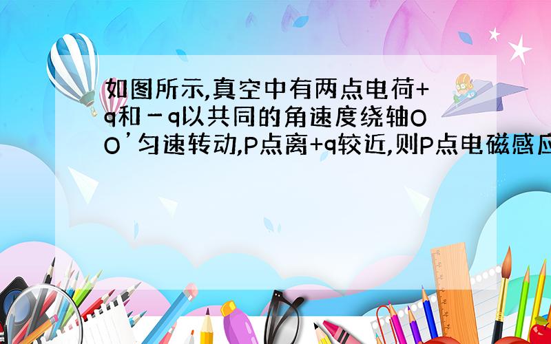 如图所示,真空中有两点电荷+q和－q以共同的角速度绕轴OO’匀速转动,P点离+q较近,则P点电磁感应强度B (