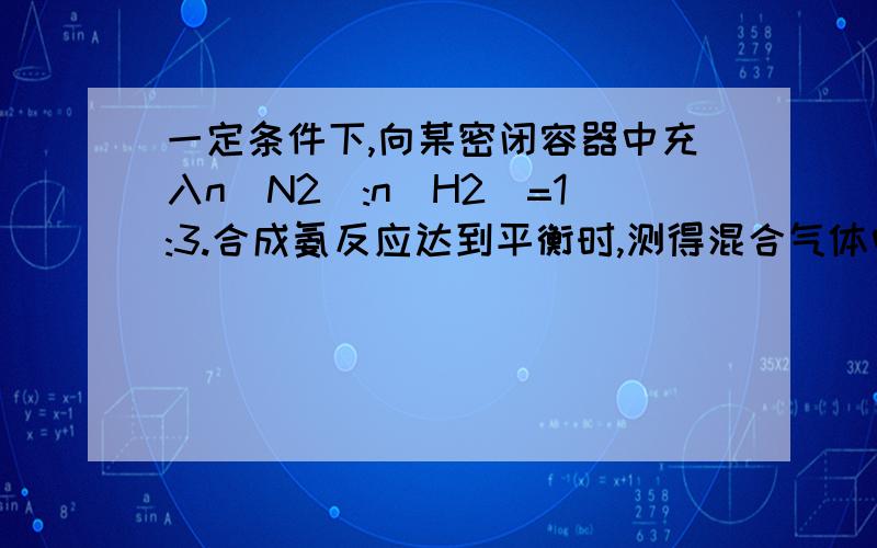 一定条件下,向某密闭容器中充入n(N2):n(H2)=1:3.合成氨反应达到平衡时,测得混合气体中氨气的体积分数为20.