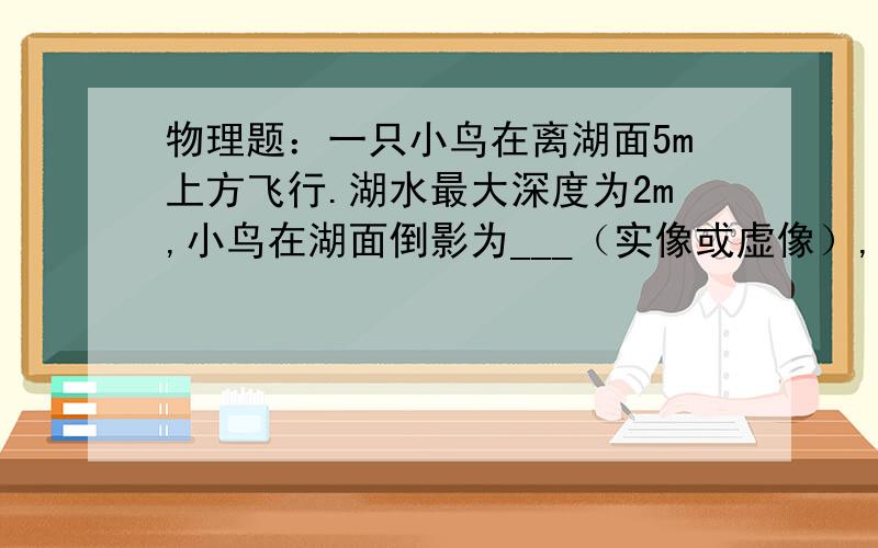 物理题：一只小鸟在离湖面5m上方飞行.湖水最大深度为2m,小鸟在湖面倒影为___（实像或虚像）,该倒影距小鸟___m,倒