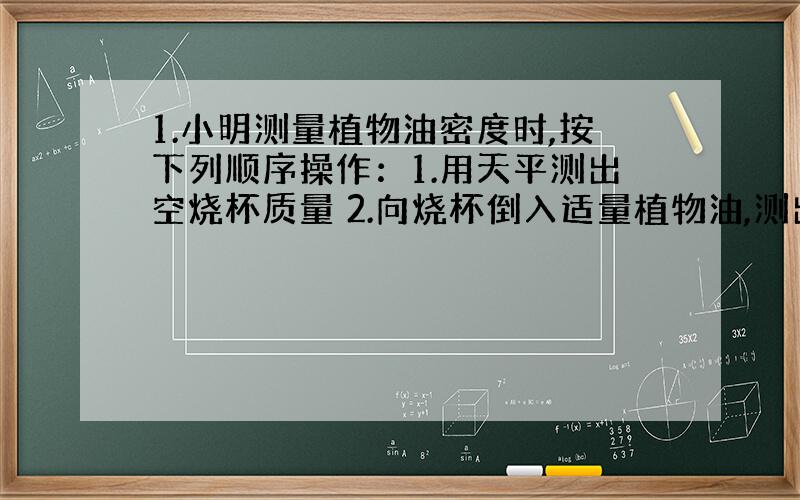 1.小明测量植物油密度时,按下列顺序操作：1.用天平测出空烧杯质量 2.向烧杯倒入适量植物油,测出植物油与烧杯总质量 3