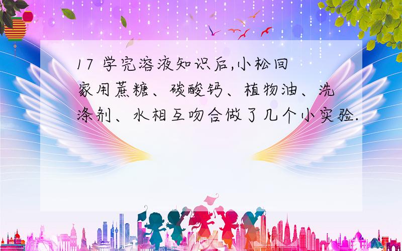 17 学完溶液知识后,小松回家用蔗糖、碳酸钙、植物油、洗涤剂、水相互吻合做了几个小实验.