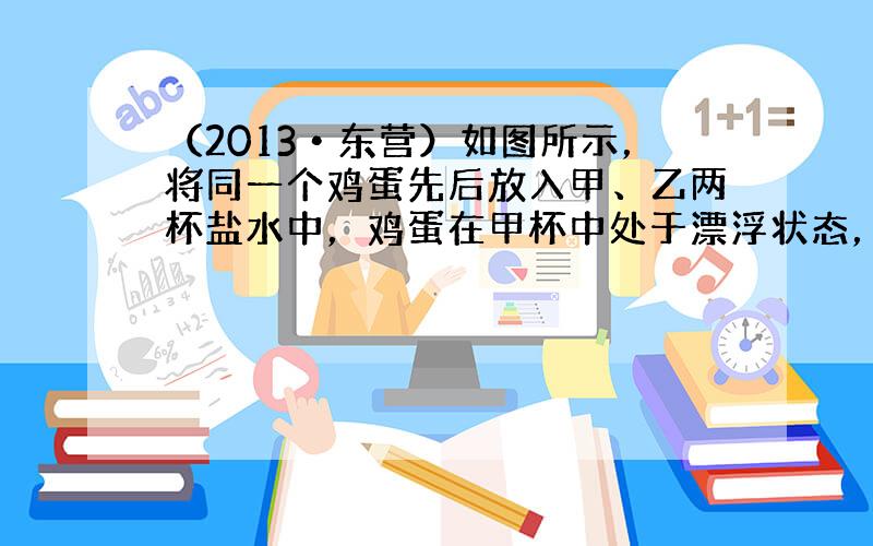 （2013•东营）如图所示，将同一个鸡蛋先后放入甲、乙两杯盐水中，鸡蛋在甲杯中处于漂浮状态，在乙杯中处于悬浮状态．下列判