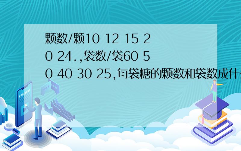 颗数/颗10 12 15 20 24.,袋数/袋60 50 40 30 25,每袋糖的颗数和袋数成什么比