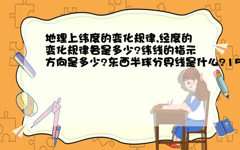 地理上纬度的变化规律,经度的变化规律各是多少?纬线的指示方向是多少?东西半球分界线是什么?150E与...