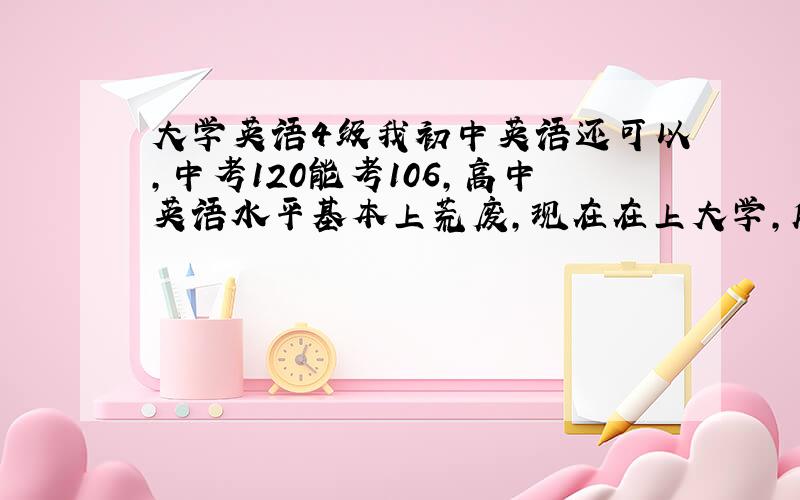 大学英语4级我初中英语还可以,中考120能考106,高中英语水平基本上荒废,现在在上大学,所以现在的水平就停留在初中左右