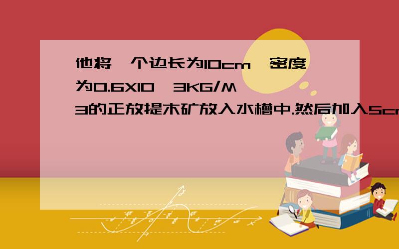 他将一个边长为10cm,密度为0.6X10^3KG/M^3的正放提木矿放入水槽中.然后加入5cm深的水.