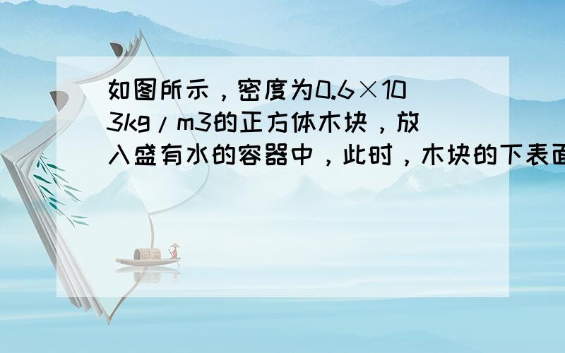 如图所示，密度为0.6×103kg/m3的正方体木块，放入盛有水的容器中，此时，木块的下表面距水面3cm，请根据所学的物