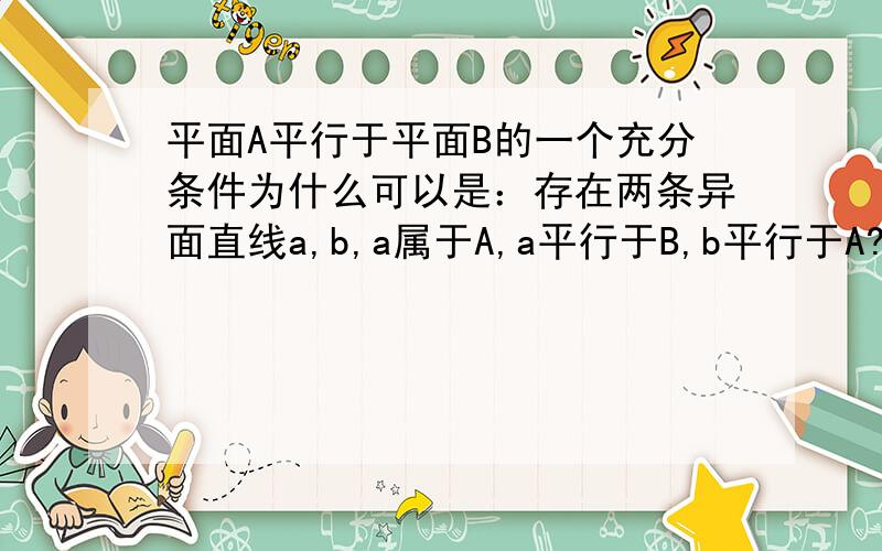 平面A平行于平面B的一个充分条件为什么可以是：存在两条异面直线a,b,a属于A,a平行于B,b平行于A?