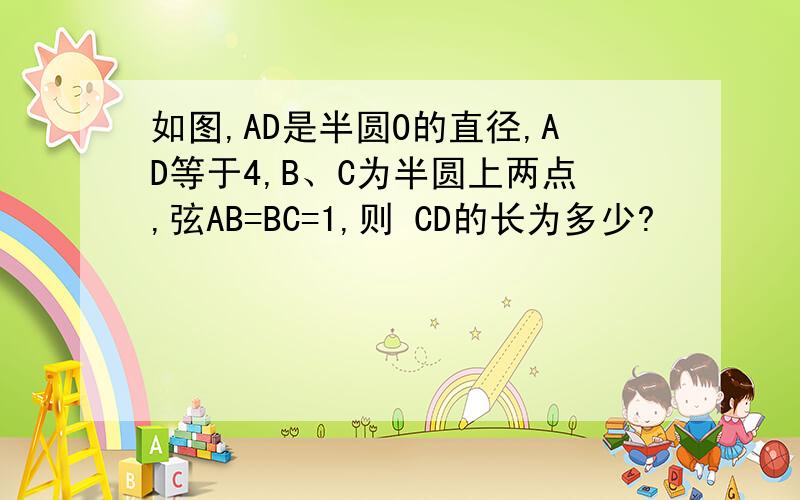 如图,AD是半圆O的直径,AD等于4,B、C为半圆上两点,弦AB=BC=1,则 CD的长为多少?