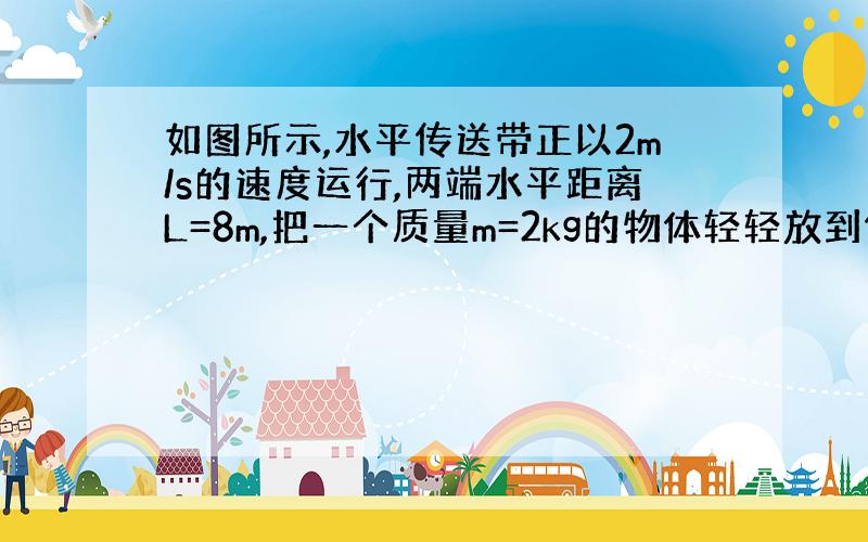 如图所示,水平传送带正以2m/s的速度运行,两端水平距离L=8m,把一个质量m=2kg的物体轻轻放到传送带A端,物块在传