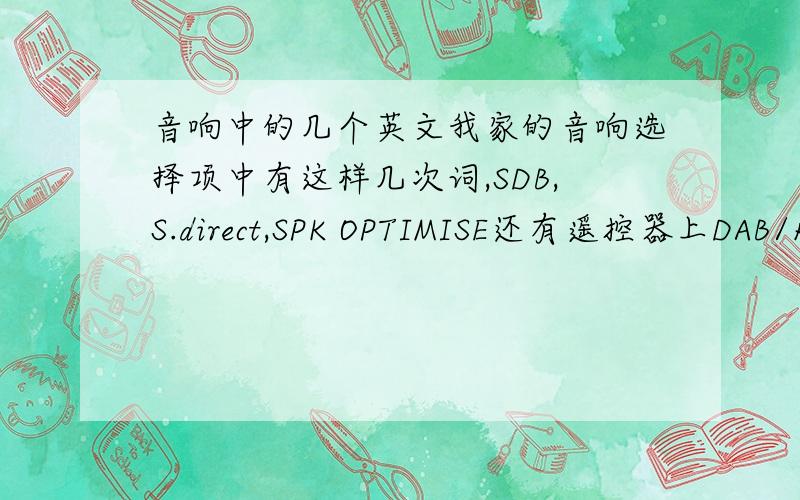 音响中的几个英文我家的音响选择项中有这样几次词,SDB,S.direct,SPK OPTIMISE还有遥控器上DAB/R