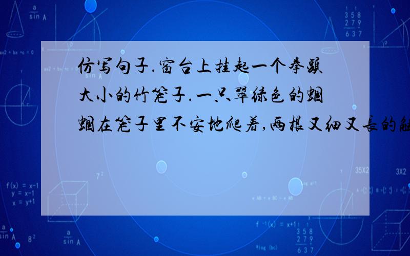 仿写句子.窗台上挂起一个拳头大小的竹笼子.一只翠绿色的蝈蝈在笼子里不安地爬着,两根又细又长的触须不时从竹笼的小圆孔里伸出