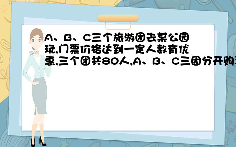 A、B、C三个旅游团去某公园玩,门票价格达到一定人数有优惠,三个团共80人,A、B、C三团分开购票的价钱为A团180元,