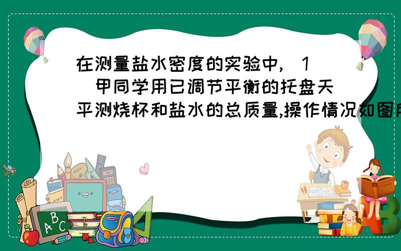 在测量盐水密度的实验中,（1）甲同学用已调节平衡的托盘天平测烧杯和盐水的总质量,操作情况如图所示,其中错误的是?乙同学错