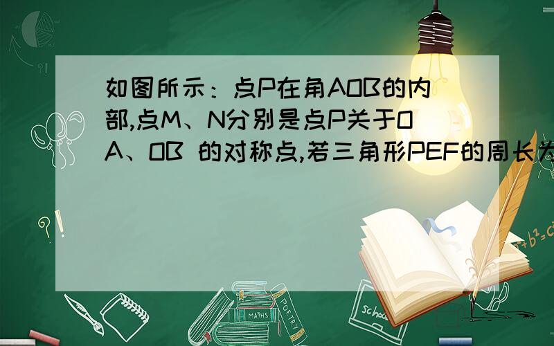 如图所示：点P在角AOB的内部,点M、N分别是点P关于OA、OB 的对称点,若三角形PEF的周长为15,求MN的长