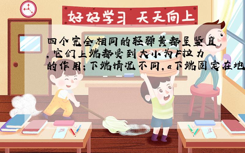 四个完全相同的轻弹簧都呈竖直,它们上端都受到大小为F拉力的作用；下端情况不同,a下端固定在地面上,b下端受大小为F的拉力