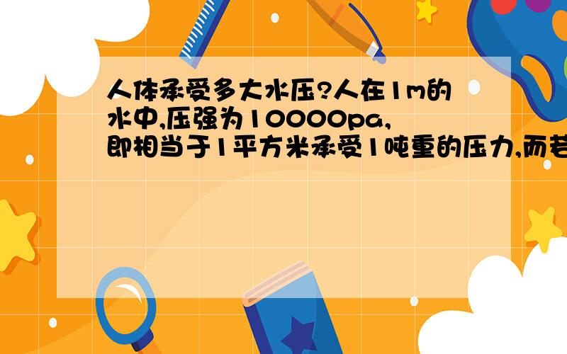 人体承受多大水压?人在1m的水中,压强为10000pa,即相当于1平方米承受1吨重的压力,而若一吨重的物体放在人体上,我