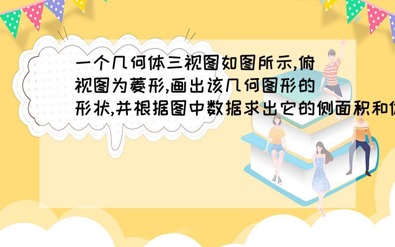 一个几何体三视图如图所示,俯视图为菱形,画出该几何图形的形状,并根据图中数据求出它的侧面积和体积.