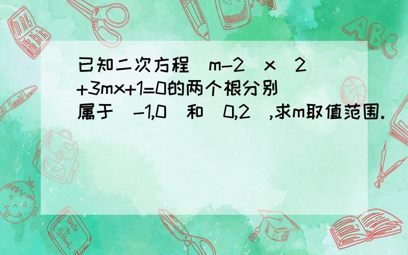 已知二次方程（m-2)x^2+3mx+1=0的两个根分别属于（-1,0）和（0,2）,求m取值范围.