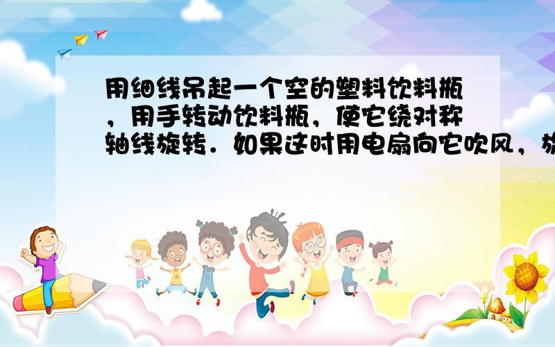 用细线吊起一个空的塑料饮料瓶，用手转动饮料瓶，使它绕对称轴线旋转．如果这时用电扇向它吹风，旋转着的饮料瓶应当向图中哪个方