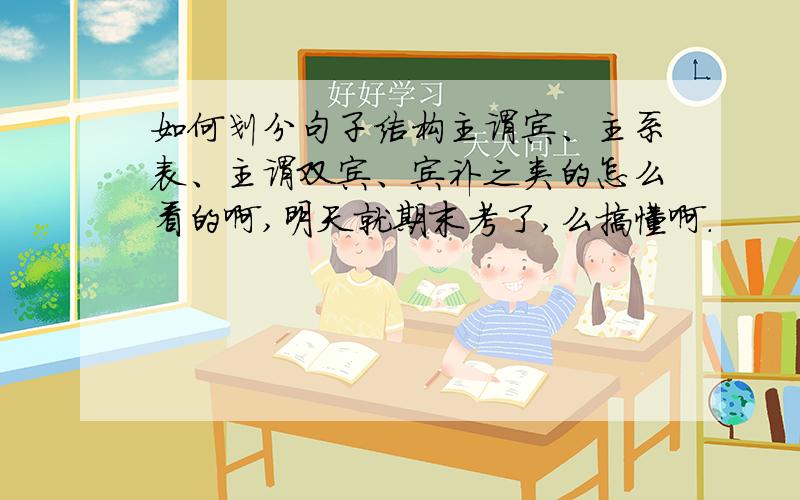 如何划分句子结构主谓宾、主系表、主谓双宾、宾补之类的怎么看的啊,明天就期末考了,么搞懂啊.