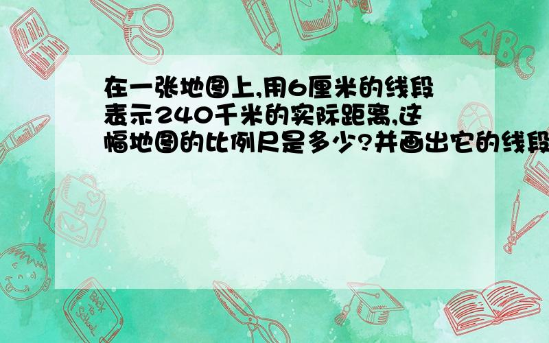 在一张地图上,用6厘米的线段表示240千米的实际距离,这幅地图的比例尺是多少?并画出它的线段比例尺.