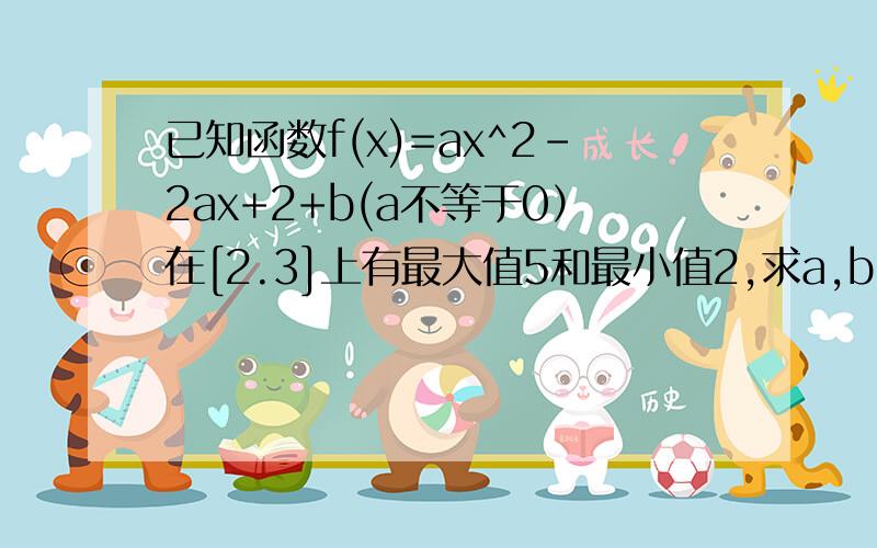 已知函数f(x)=ax^2-2ax+2+b(a不等于0）在[2.3]上有最大值5和最小值2,求a,b 的值..