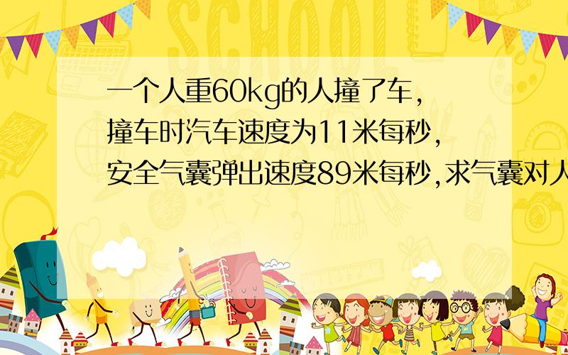 一个人重60kg的人撞了车,撞车时汽车速度为11米每秒,安全气囊弹出速度89米每秒,求气囊对人的冲击力?