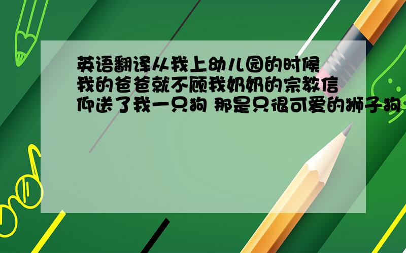 英语翻译从我上幼儿园的时候 我的爸爸就不顾我奶奶的宗教信仰送了我一只狗 那是只很可爱的狮子狗 它也很聪明 每只狗都有一颗