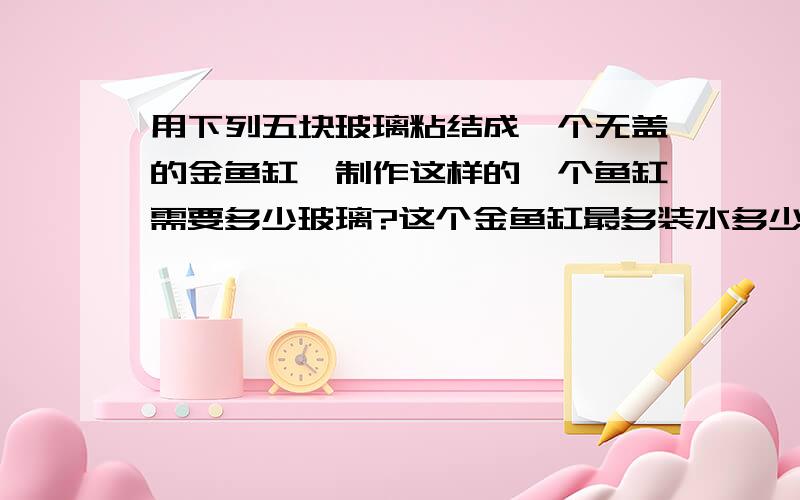 用下列五块玻璃粘结成一个无盖的金鱼缸,制作这样的一个鱼缸需要多少玻璃?这个金鱼缸最多装水多少升?