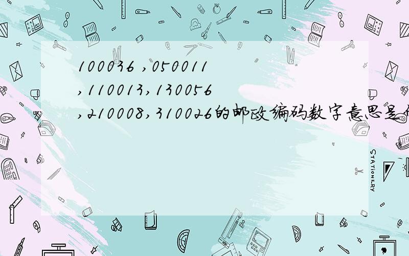 100036 ,050011,110013,130056,210008,310026的邮政编码数字意思是什么?