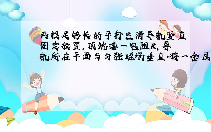 两根足够长的平行光滑导轨竖直固定放置,顶端接一电阻R,导轨所在平面与匀强磁场垂直．将一金属棒与下端固定的轻弹簧的上端拴接