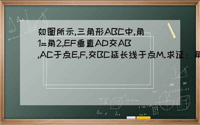 如图所示,三角形ABC中,角1=角2,EF垂直AD交AB,AC于点E,F,交BC延长线于点M.求证：角M=2分之一【角A