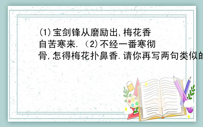 (1)宝剑锋从磨励出,梅花香自苦寒来.（2)不经一番寒彻骨,怎得梅花扑鼻香.请你再写两句类似的名句.