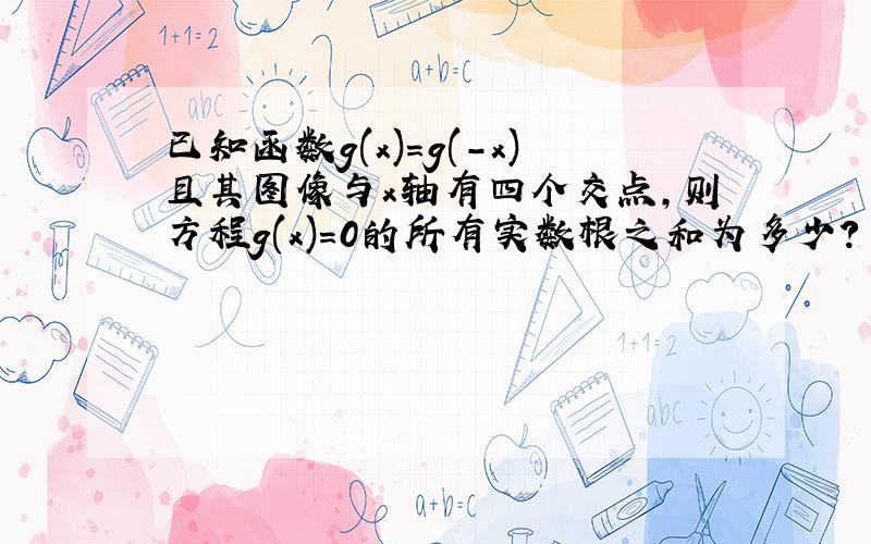 已知函数g(x)=g(-x)且其图像与x轴有四个交点,则方程g(x)=0的所有实数根之和为多少?