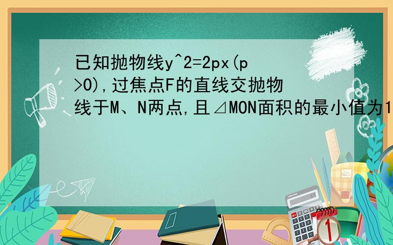 已知抛物线y^2=2px(p>0),过焦点F的直线交抛物线于M、N两点,且⊿MON面积的最小值为1/2,其中O为坐标原点