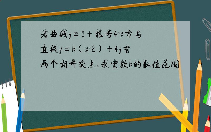 若曲线y=1+根号4-x方与直线y=k(x-2)+4y有两个相异交点,求实数k的取值范围