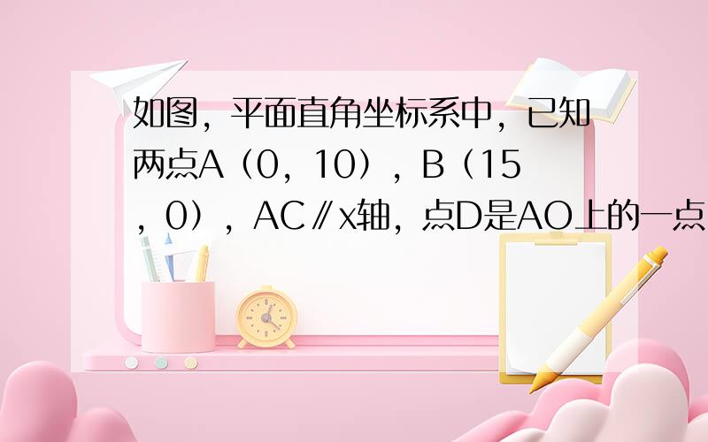 如图，平面直角坐标系中，已知两点A（0，10），B（15，0），AC∥x轴，点D是AO上的一点，点P以每秒2个单位的速度