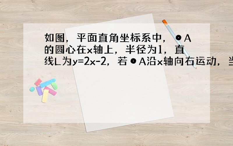 如图，平面直角坐标系中，⊙A的圆心在x轴上，半径为1，直线L为y=2x-2，若⊙A沿x轴向右运动，当⊙A与L有公共点时，