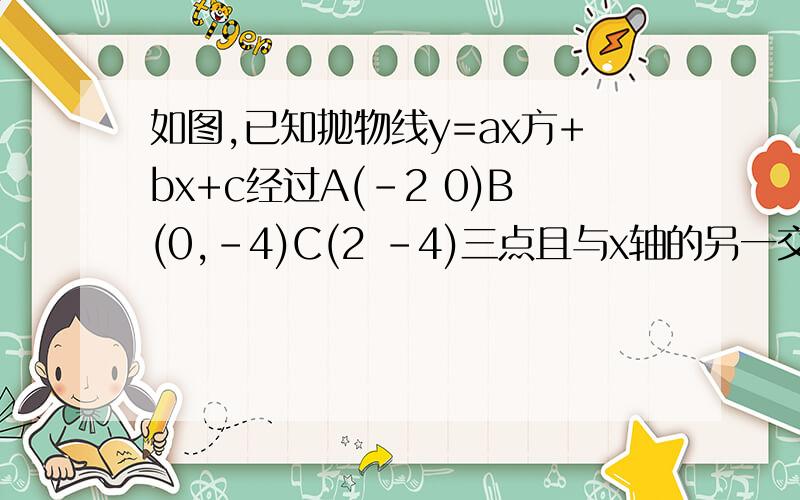 如图,已知抛物线y=ax方+bx+c经过A(-2 0)B(0,-4)C(2 -4)三点且与x轴的另一交点为e