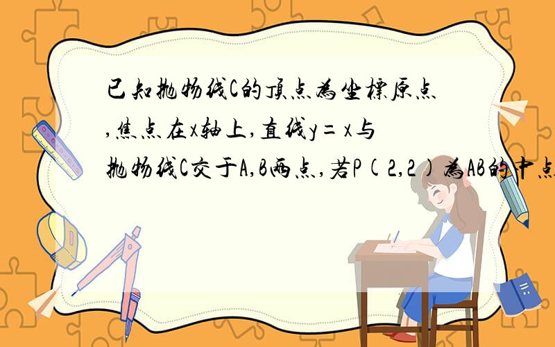 已知抛物线C的顶点为坐标原点,焦点在x轴上,直线y=x与抛物线C交于A,B两点,若P(2,2)为AB的中点,则抛物线C的