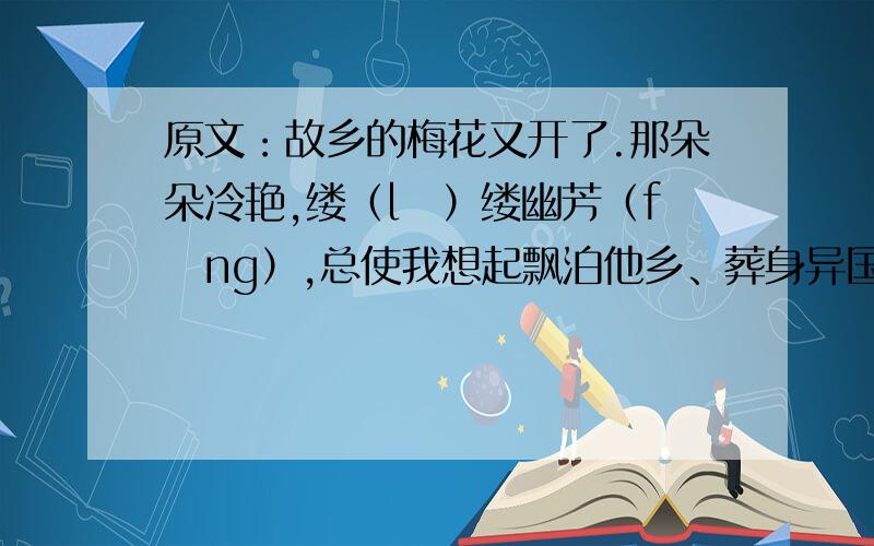 原文：故乡的梅花又开了.那朵朵冷艳,缕（lǚ）缕幽芳（fāng）,总使我想起飘泊他乡、葬身异国的外祖父.我出生在东南亚的