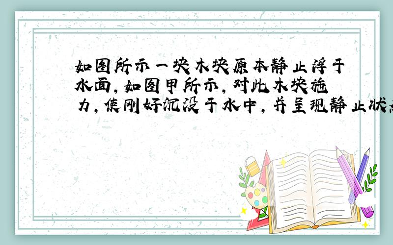 如图所示一块木块原本静止浮于水面,如图甲所示,对此木块施力,使刚好沉没于水中,并呈现静止状态,如图乙所示,持续施力,使木