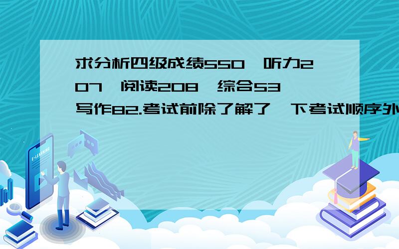 求分析四级成绩550,听力207,阅读208,综合53,写作82.考试前除了解了一下考试顺序外,没做任何练习和准备.我承